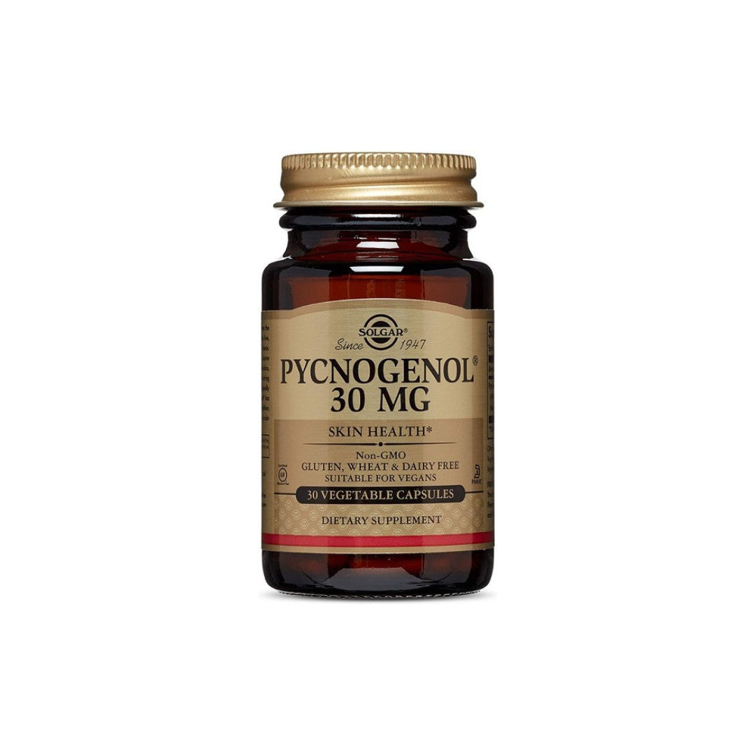 Une bouteille de Solgar Pycnogenol 30 mg 30 VCaps, favorisant la santé cérébrale.