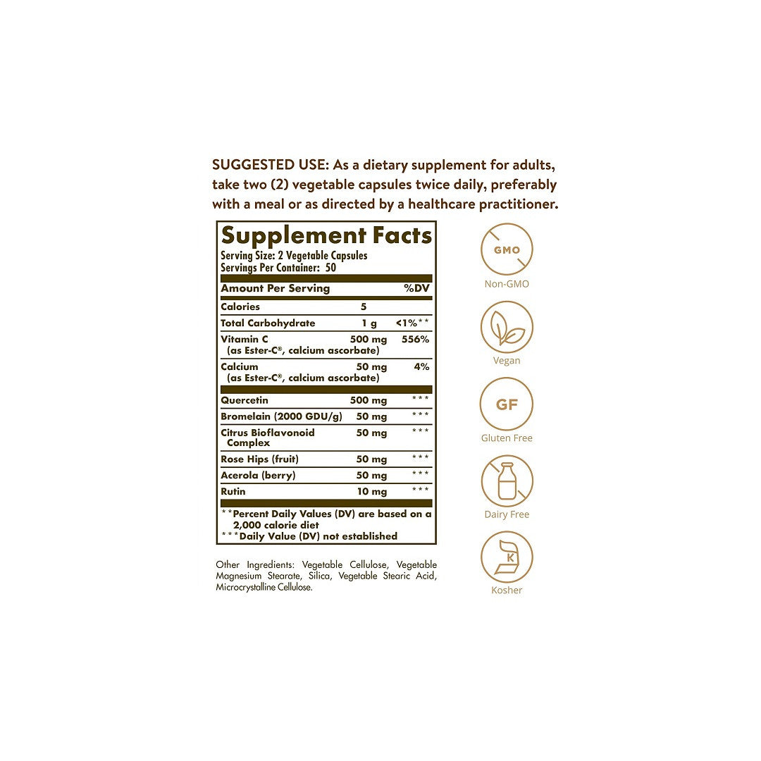 Une étiquette de supplément Solgar Quercetin Complex with Ester-C Plus 50 Vegetable Capsules présentant des ingrédients pour la santé immunitaire, y compris la vitamine C.
