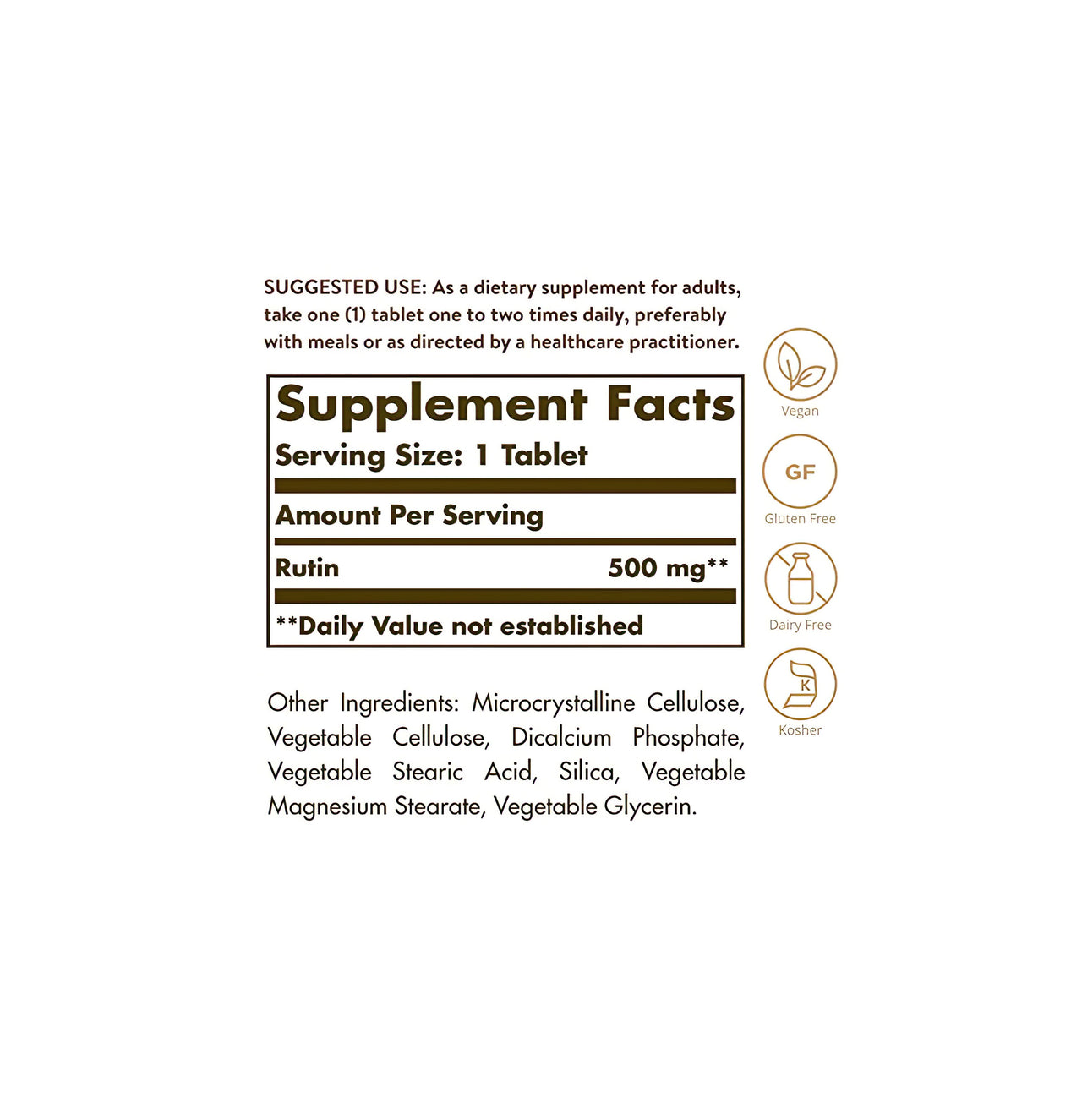 Une étiquette Solgar affichant les ingrédients d'un supplément, notamment la rutine 500 mg 100 comprimés, connue pour ses effets positifs sur les vaisseaux sanguins.