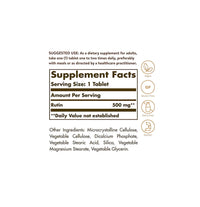 Vignette d'une étiquette Solgar présentant les ingrédients d'un supplément, notamment la rutine 500 mg 100 comprimés, connue pour ses effets positifs sur les vaisseaux sanguins.