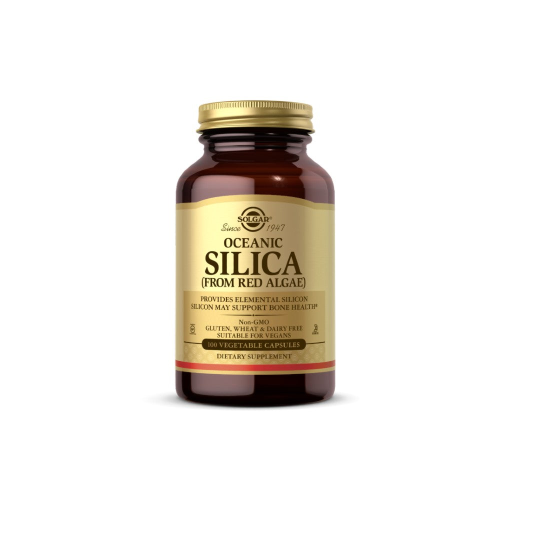 Une bouteille de Solgar Oceanic Silica 25 mg 100 Vegetable Capsules, pour favoriser la santé des cheveux et des ongles, sur un fond blanc.