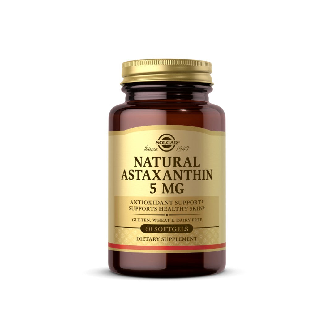 Un supplément antioxydant puissant pour les soins de la peau, une bouteille de Solgar Natural Astaxanthin 5 mg améliore la santé de la peau.