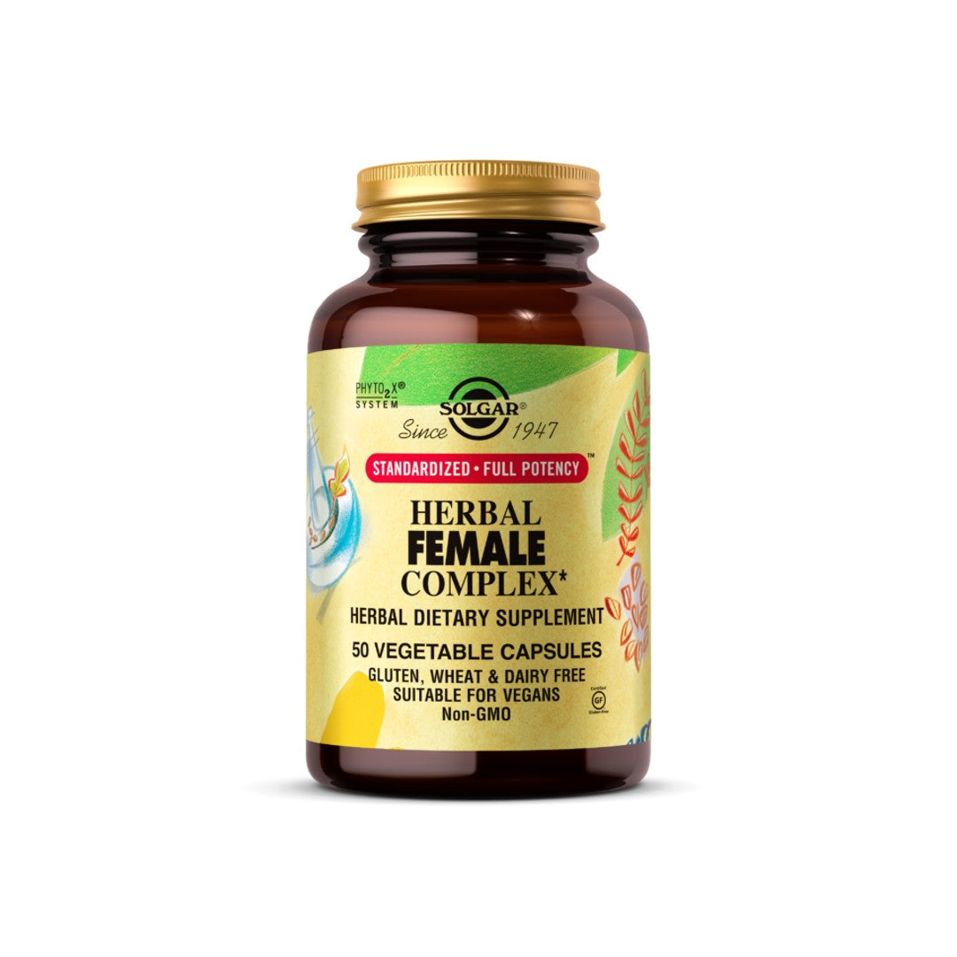 Une bouteille de Solgar Herbal Female Complex 50 gélules végétales avec vitamine C.