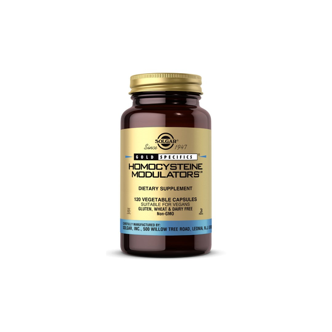 Une bouteille de Solgar Homocysteine Modulators 120 Vegetable Capsules sur un fond blanc.