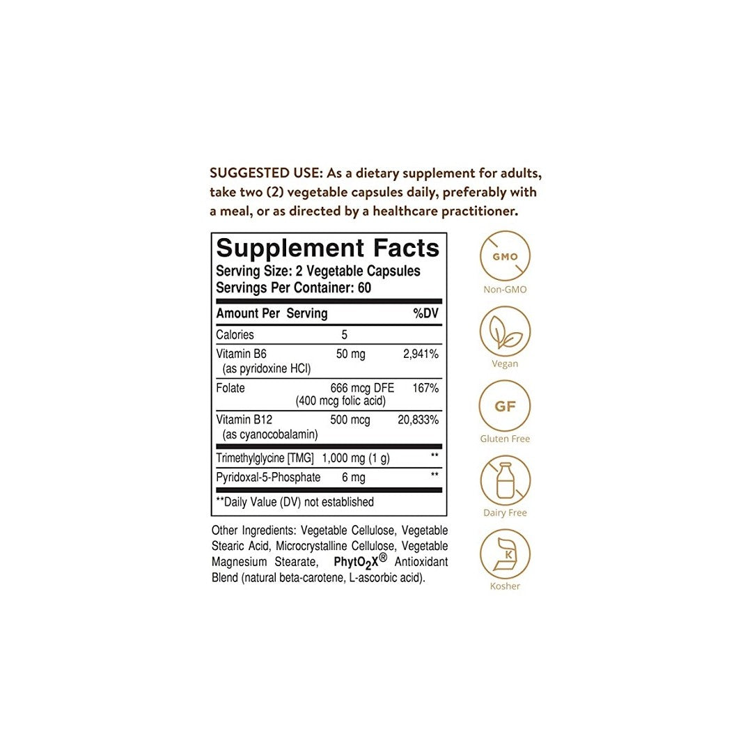 Une étiquette montrant les ingrédients de Solgar's Homocysteine Modulators 120 Vegetable Capsules.