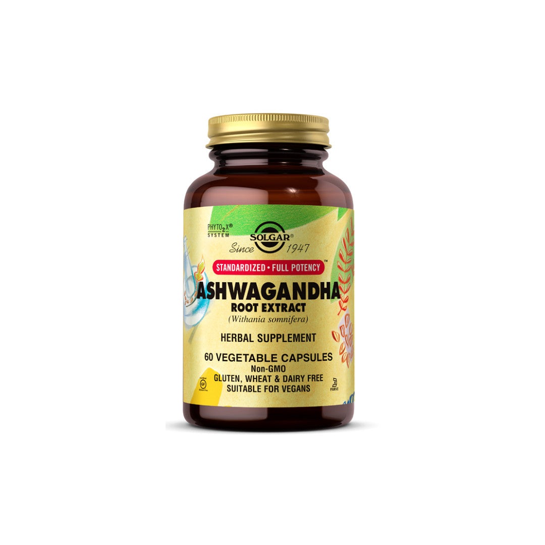 Une bouteille de Solgar Ashwagandha 400 mg 60 gélules avec vitamine C.