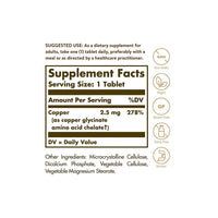 Vignette de l'étiquette indiquant les ingrédients du supplément de cuivre chélaté de Solgar 2,5 mg 100 comprimés.