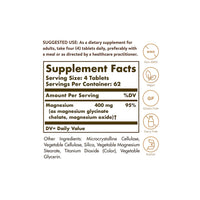 Vignette de l'étiquette indiquant les ingrédients du supplément de magnésium chélaté de Solgar(100 comprimés).