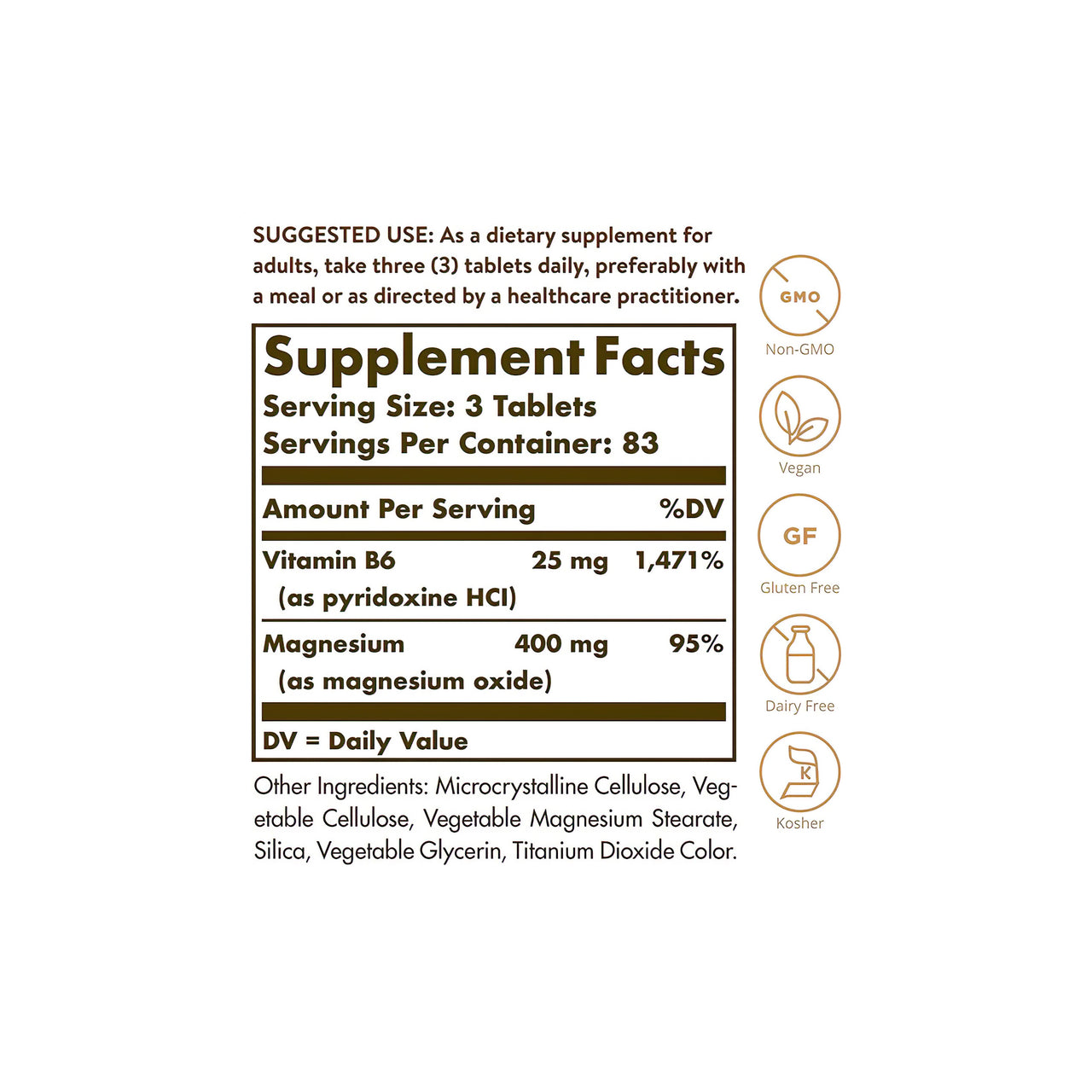 Une étiquette montrant les ingrédients de Solgar's Magnesium with Vitamin B6 250 Tablets.