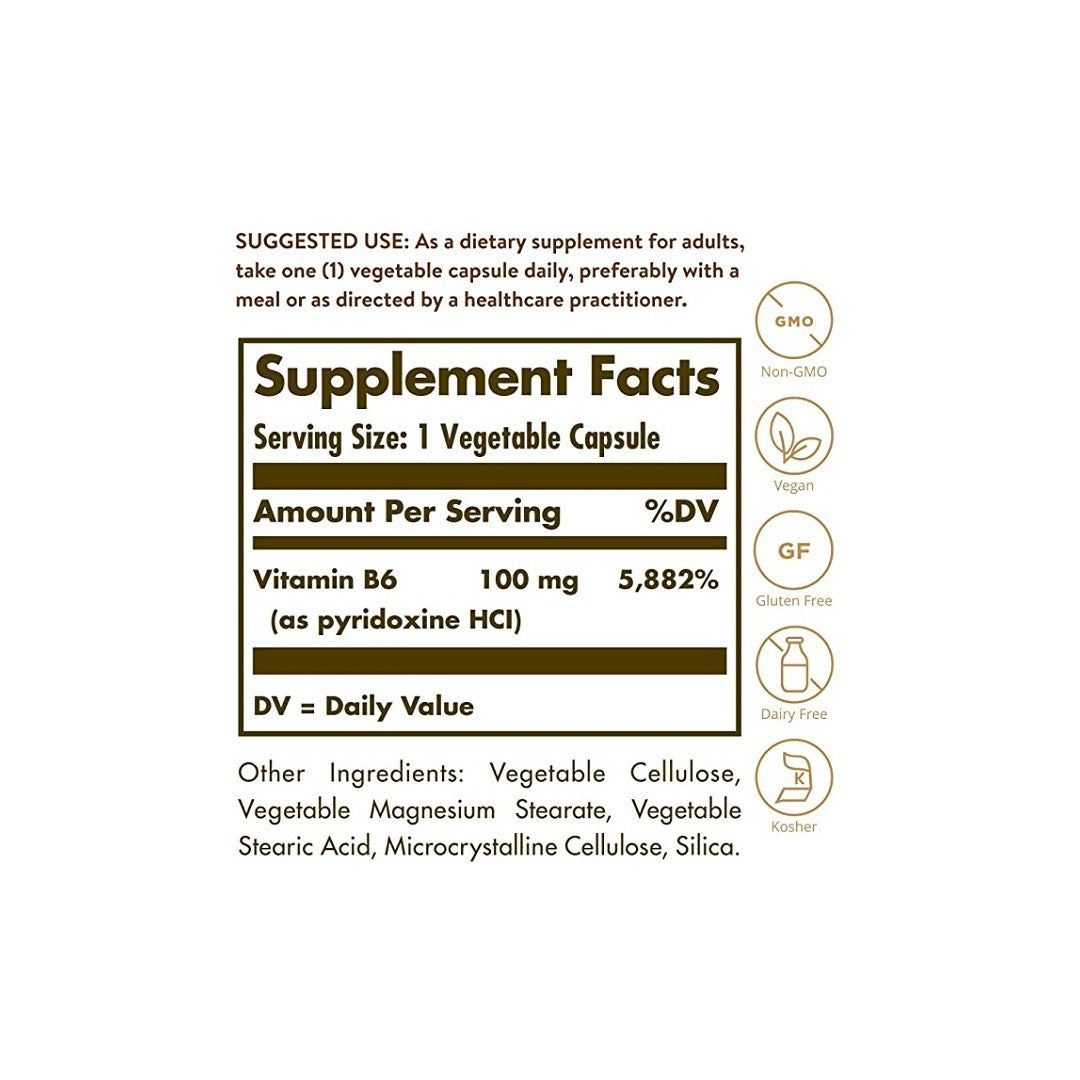 A supplement label detailing the ingredients, including Solgar Vitamin B6 100 mg 100 vegetable capsules.