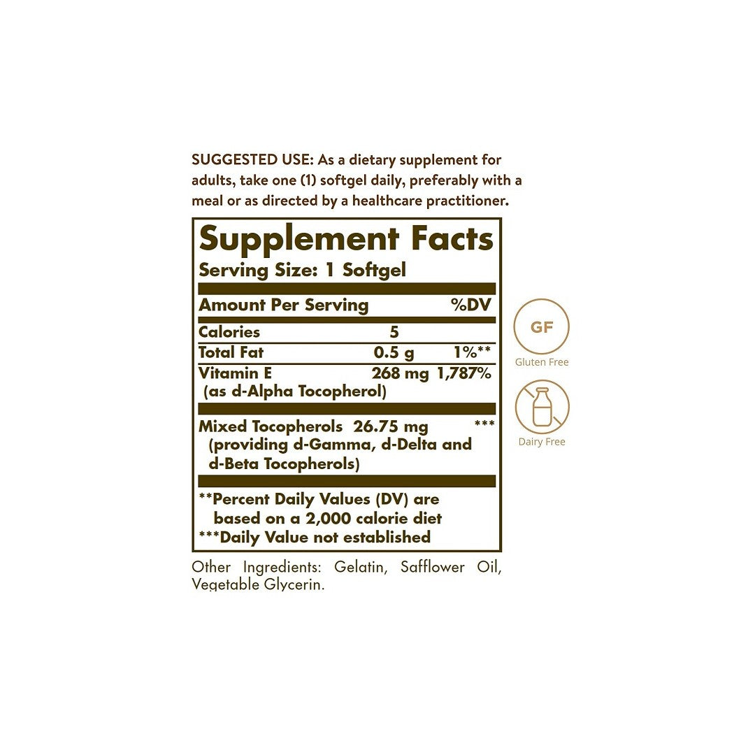 Étiquette présentant les ingrédients d'un supplément Solgar pour la santé cardiovasculaire, avec la vitamine E 268 mg (400 UI) 100 softgels comme principal antioxydant.