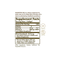 Vignette d'une étiquette présentant les ingrédients d'un supplément Solgar pour la santé cardiovasculaire, avec la vitamine E 268 mg (400 UI) 100 softgels comme principal antioxydant.