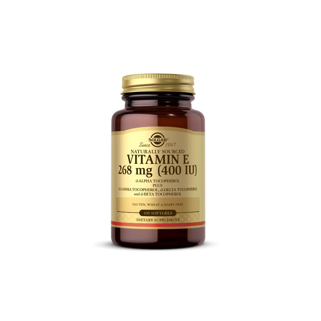 Une bouteille de Solgar Vitamine E 268 mg (400 UI) 100 softgels, fournissant un soutien antioxydant pour la santé cardiovasculaire.
