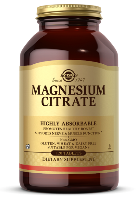 Un flacon de Solgar Citrate de magnésium 420 mg 120 comprimés.