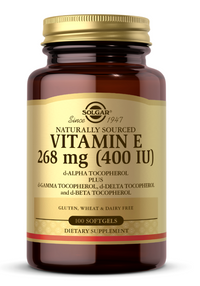 Vignette pour Solgar Vitamine E 268 mg (400 UI) 100 softgels pour la santé cardiovasculaire et le soutien antioxydant.