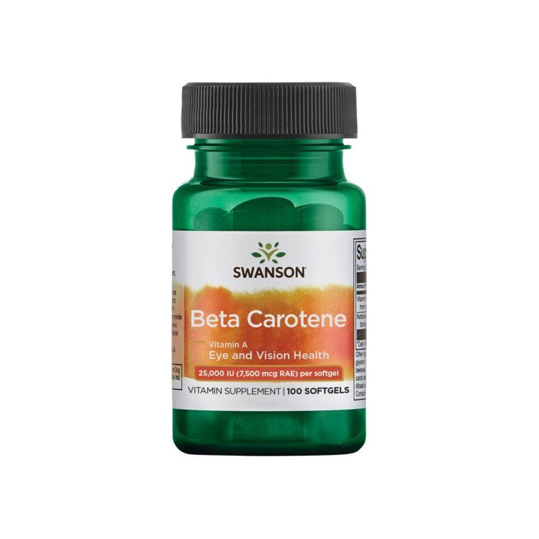 Un flacon de complément alimentaire de Swanson's Beta-Carotene - 25000 IU 100 softgels Vitamin A.