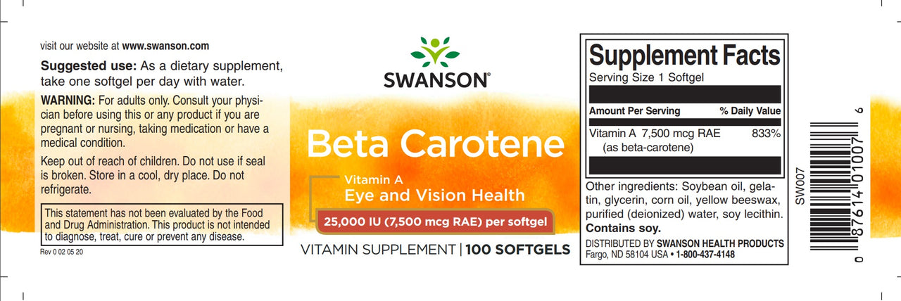 Swanson Bêta-Carotène - 25000 UI softgels Vitamine A étiquette de complément alimentaire.