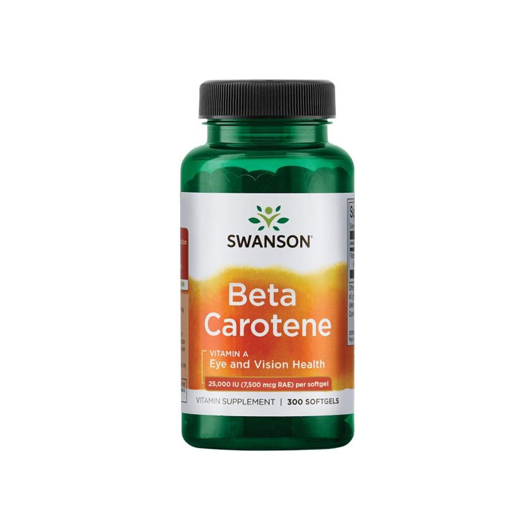 Swanson Beta-Carotene est un complément alimentaire contenant 25000 UI de vitamine A en capsules dans un paquet de 300 softgels.