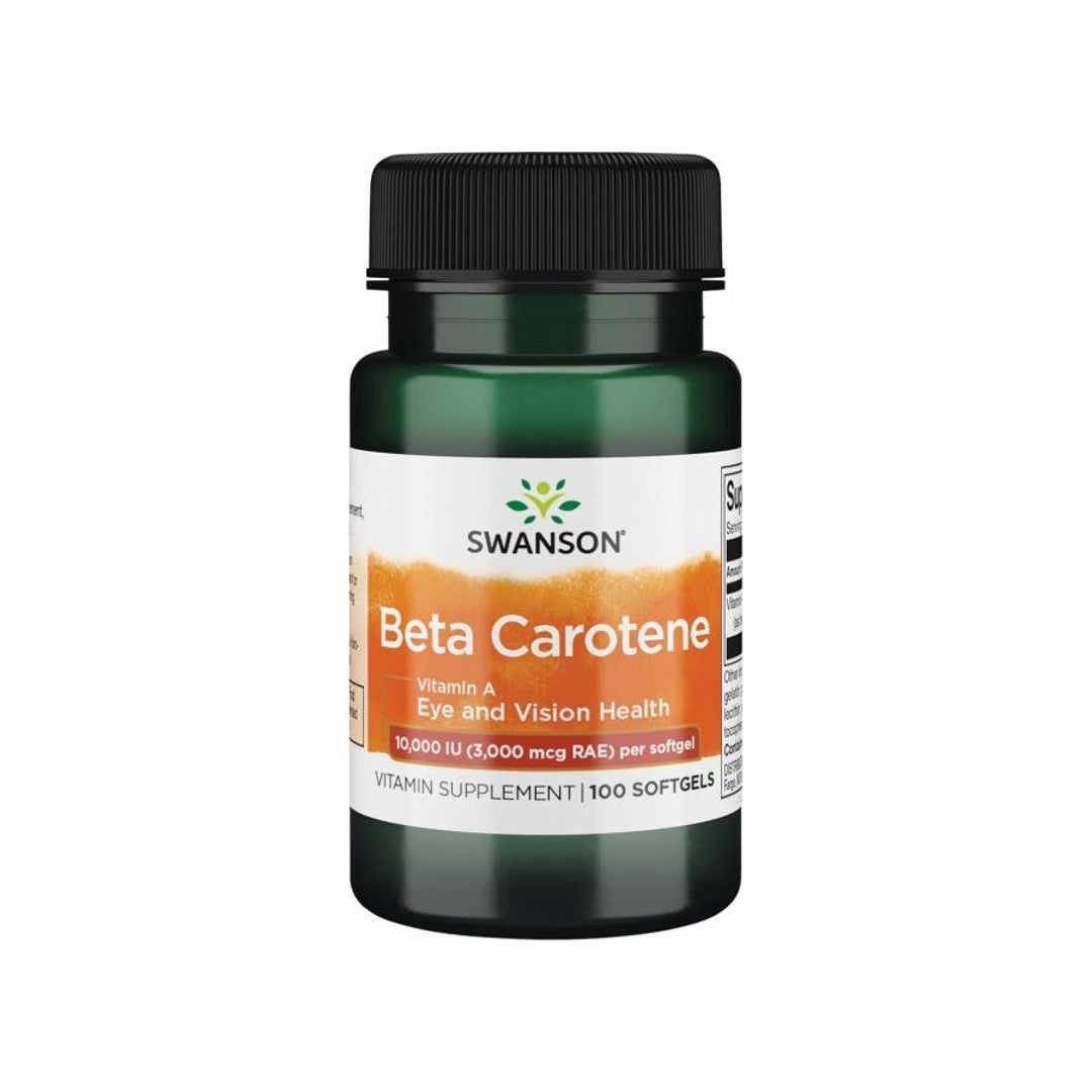 Un flacon de complément alimentaire de Swanson Beta-Carotene softgels, fournissant 10000 IU de vitamine A.