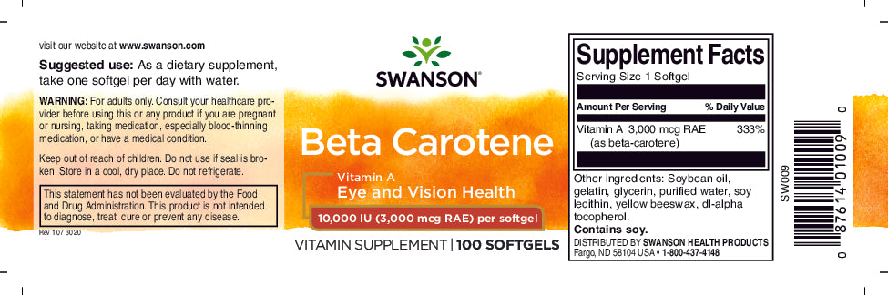 Une étiquette de complément alimentaire pour Swanson Beta-Carotene - 10000 IU 100 softgels Vitamine A.