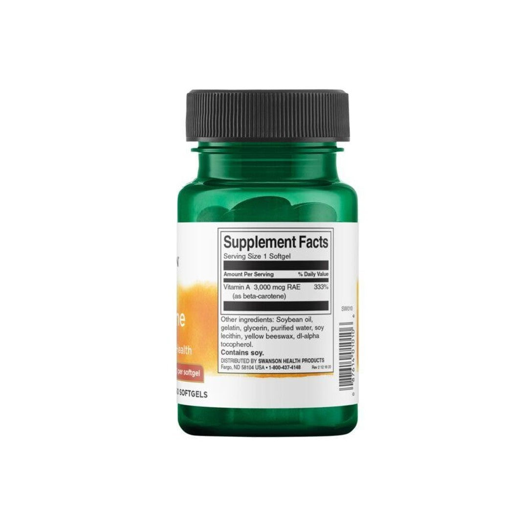 Une bouteille de Swanson Beta-Carotene - 10000 IU 250 dietary supplement softgels sur un fond blanc.