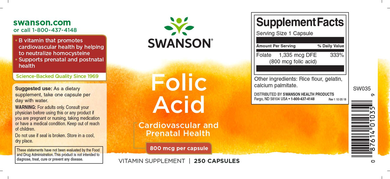Une étiquette de Swanson Folic Acid - 800 mcg 250 gélules.