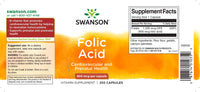 Vignette de l'étiquette du produit Swanson Folic Acid - 800 mcg 250 gélules.
