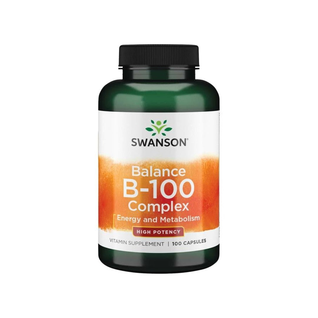 Swanson Vitamin B-100 Complex - 100 capsules is a dietary supplement that contains essential B-family vitamins. These vitamins play a crucial role in energy metabolism and cardiovascular maintenance, promoting overall health and well-being.