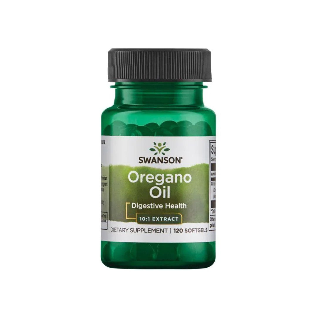 Un flacon d'huile d'origan Swanson - 150 mg 120 softgel sur fond blanc, favorisant le système immunitaire et la santé gastro-intestinale.