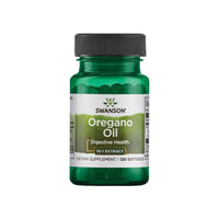Vignette d'un flacon d'huile d'origan Swanson - 150 mg 120 softgel sur fond blanc, favorisant la santé du système immunitaire et gastro-intestinal.