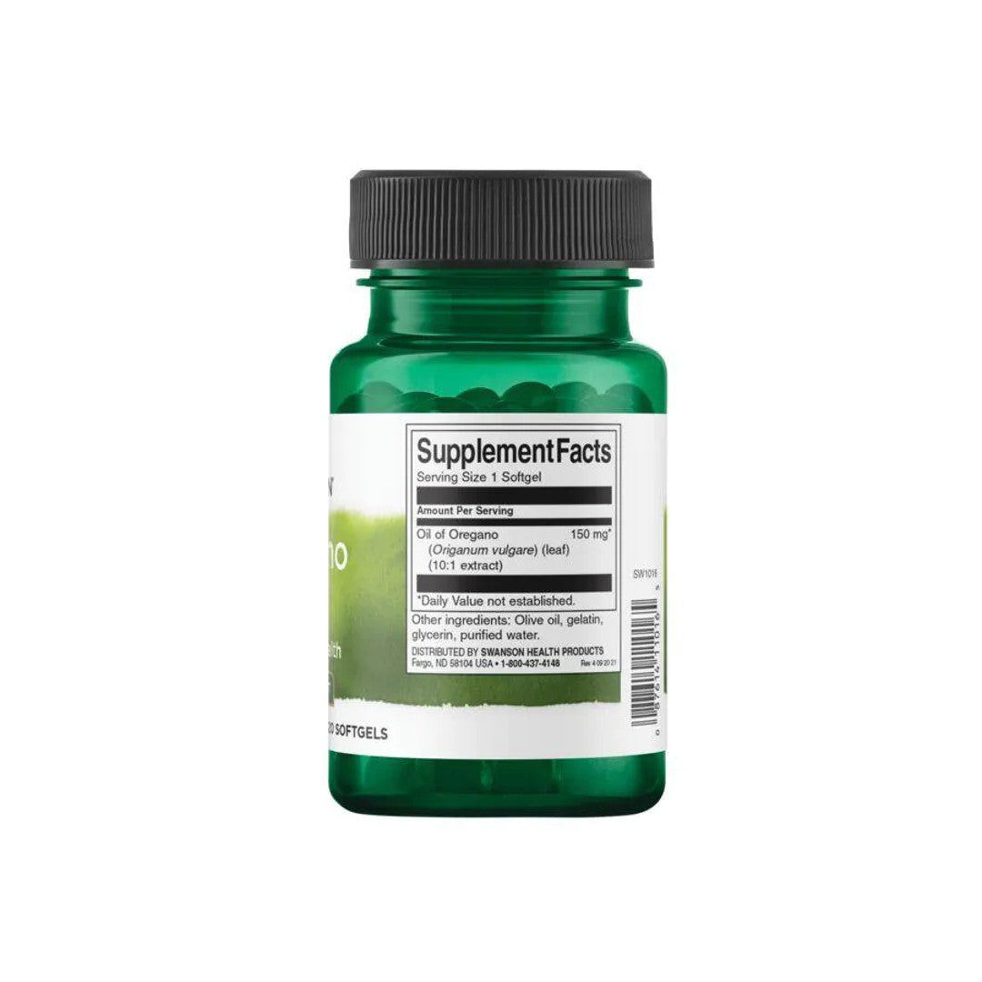 Une bouteille d'huile d'origan avec une étiquette verte, favorisant la santé du système immunitaire. (Marque : Swanson)