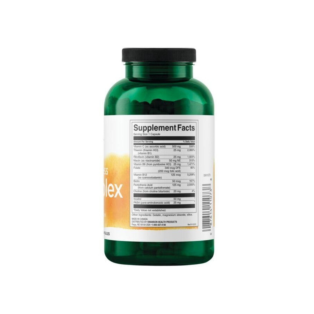Une bouteille de B-Complex avec vitamine C - 500 mg 240 gélules par Swanson sur fond blanc.