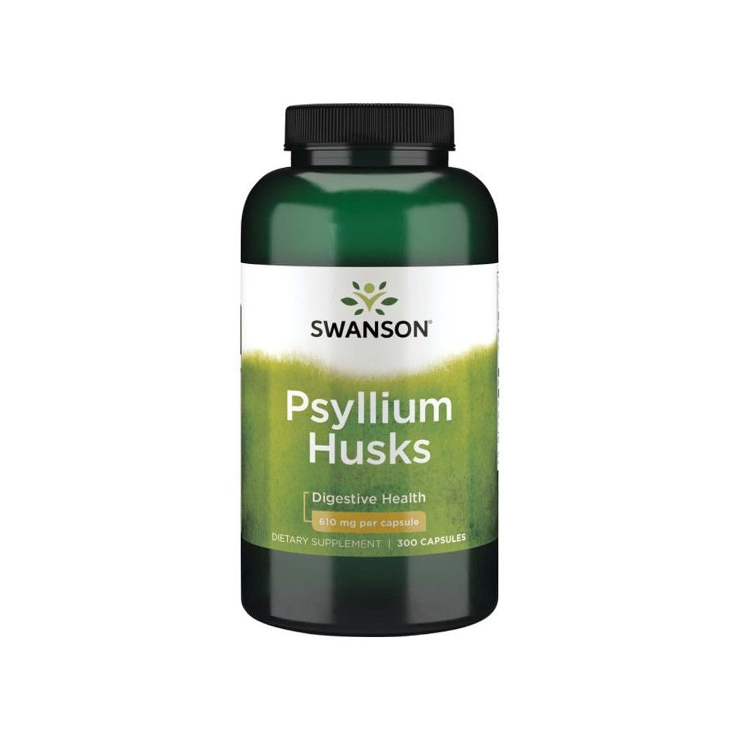 Une bouteille de Swanson Psyllium Husks - 610 mg 300 capsules, une source naturelle de fibres solubles pour améliorer le taux de cholestérol et soulager la constipation.