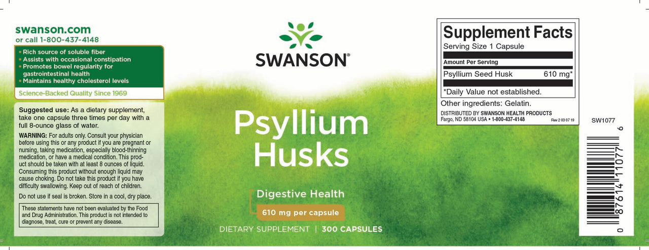 L'étiquette de Swanson Psyllium Husks - 610 mg 300 capsules fournit des informations importantes sur sa teneur élevée en fibres solubles, ce qui en fait un remède efficace contre la constipation. En outre, l'inclusion dans le produit de mots clés tels que "Psyllium Husks - 610 mg 300 capsules" par Swanson.