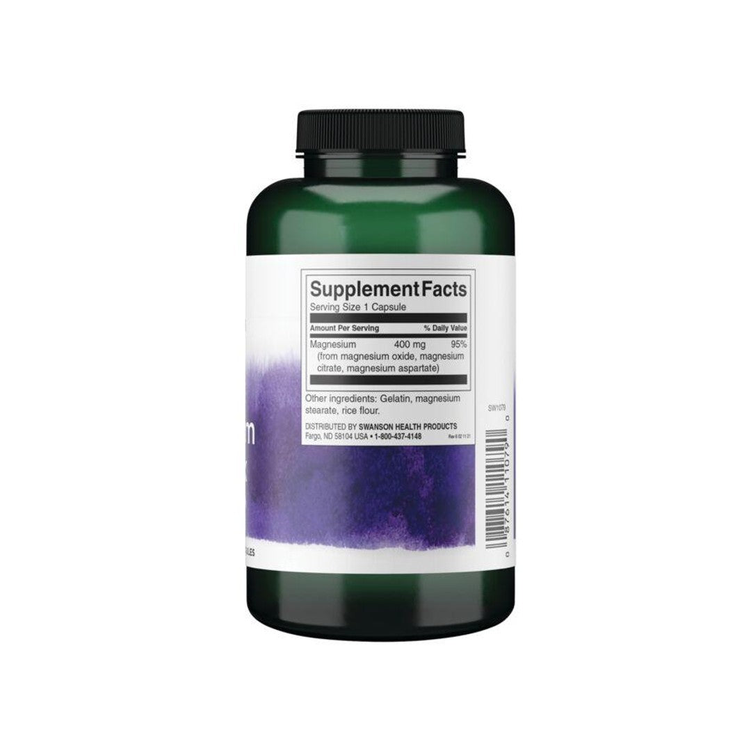 A bottle of Swanson Triple Magnesium Complex - 400 mg 300 capsules with a purple label that promotes mental relaxation.