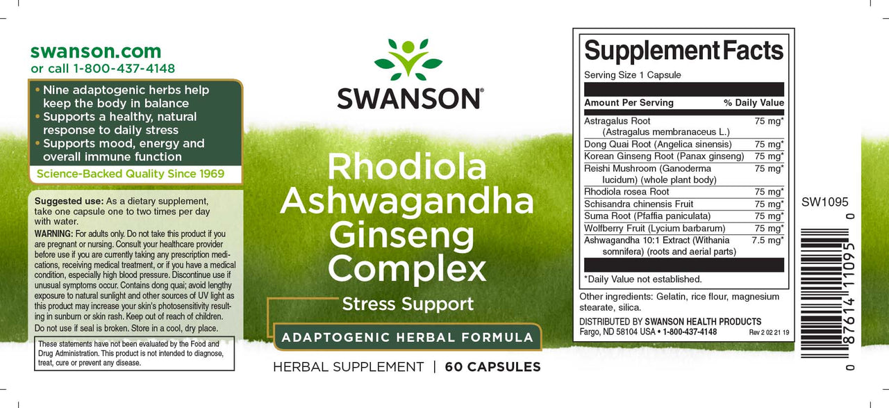 Swanson Complexe Adaptogène Rhodiola, Ashwagandha & Ginseng - 60 gélules.