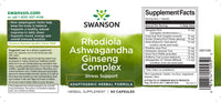 Vignette pour Swanson Adaptogenic Complex Rhodiola, Ashwagandha & Ginseng - 60 gélules.