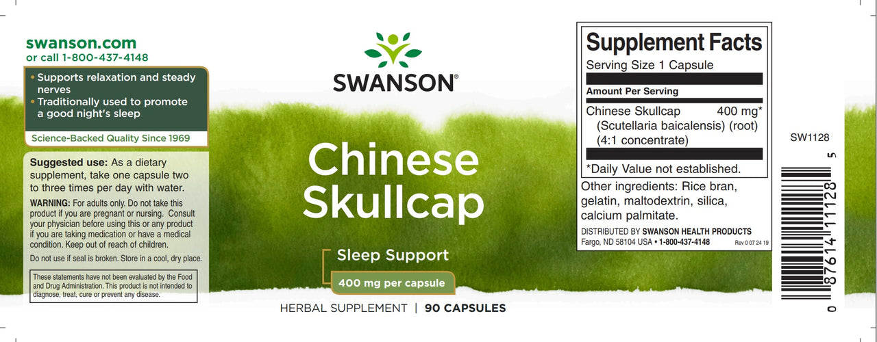 Une étiquette verte et blanche pour la scutellaire chinoise - 400 mg 90 gélules par Swanson.