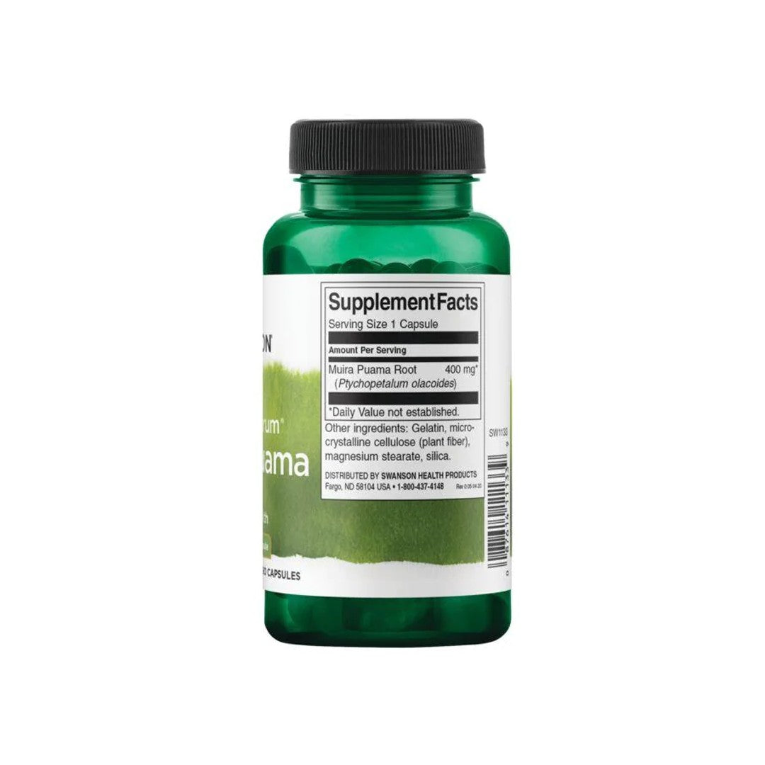 Une bouteille de Full Spectrum Muira Puama - 400 mg 90 capsules par Swanson sur un fond blanc.
