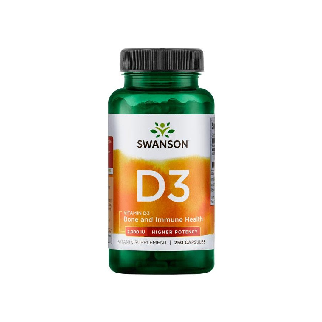 Une bouteille de Swanson Vitamine D3 - 2000 UI 250 gélules, favorisant le bien-être immunitaire et soutenant l'absorption du calcium pour la santé des os.