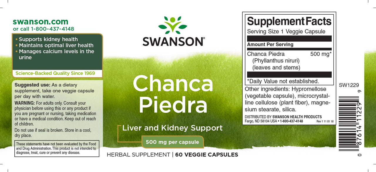 Swanson Chanca Piedra - 500 mg 60 gélules végétales étiquette du supplément.