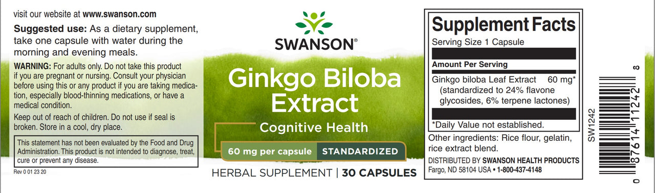 Swanson Extrait de Ginkgo Biloba 24% - 60 mg 30 gélules label.