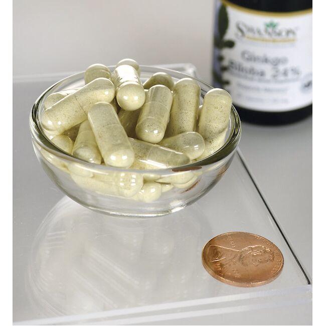 Un bol de Swanson's Ginkgo Biloba Extract 24% - 60 mg 30 capsules à côté d'un penny.