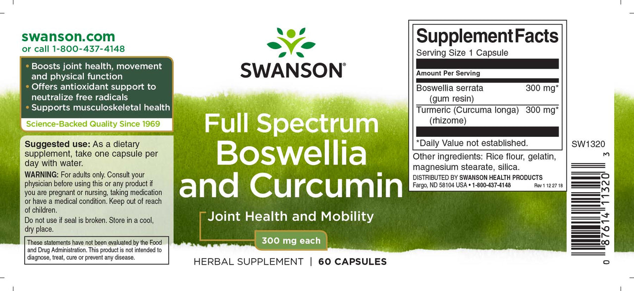 Swanson Boswellia et Curcumine - un complément alimentaire en 60 gélules.