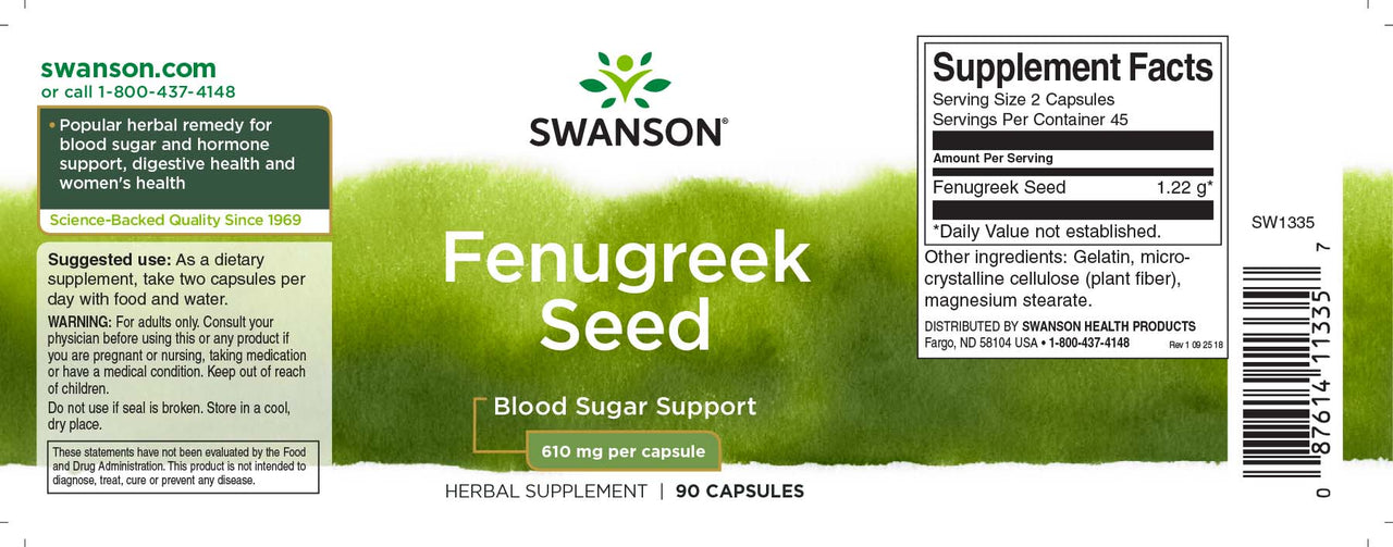 Une étiquette de Swanson Graine de fenugrec - 610 mg 90 gélules.