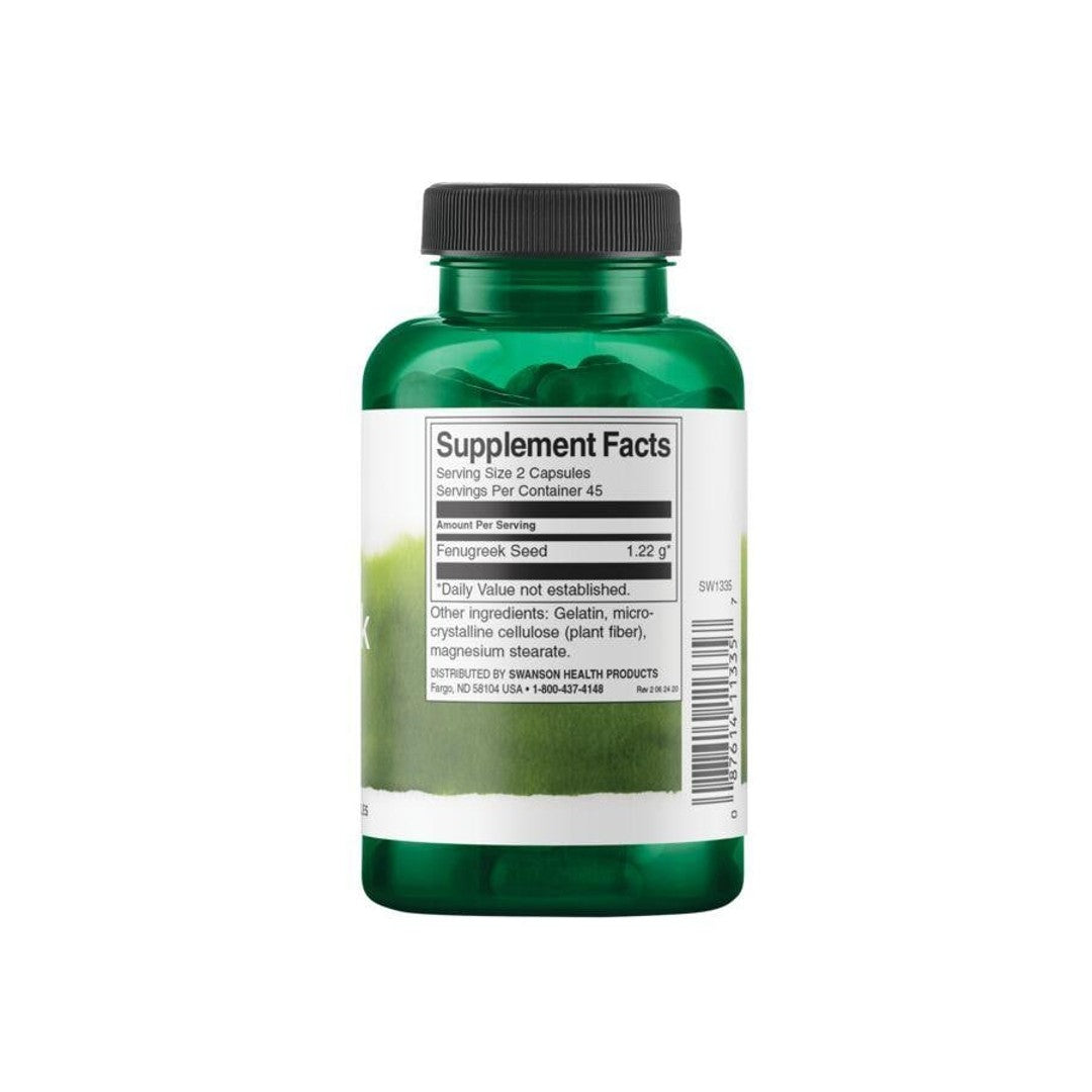 L'arrière d'une bouteille de Swanson Fenugrec - 610 mg 90 gélules.