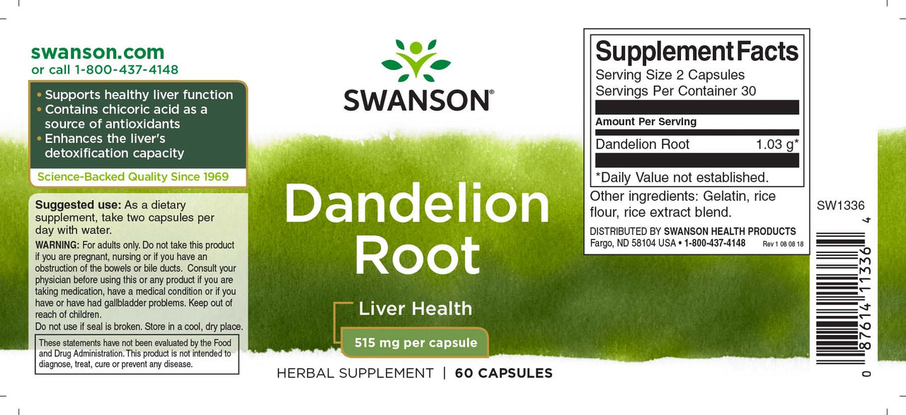 Une étiquette de Swanson Racine de pissenlit - 515 mg 60 gélules.