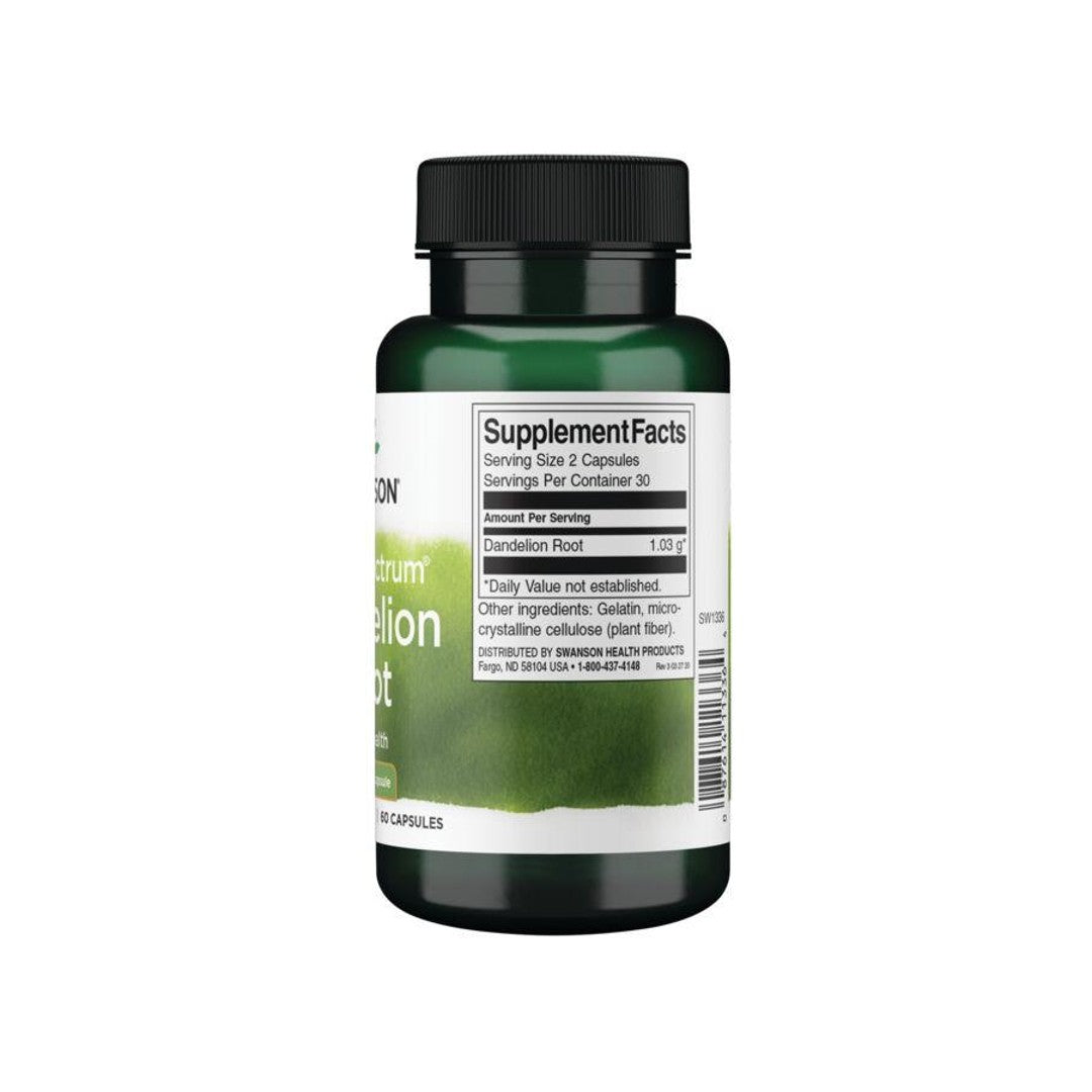 Une bouteille de Swanson Racine de pissenlit - 515 mg 60 gélules avec extrait de thé vert.