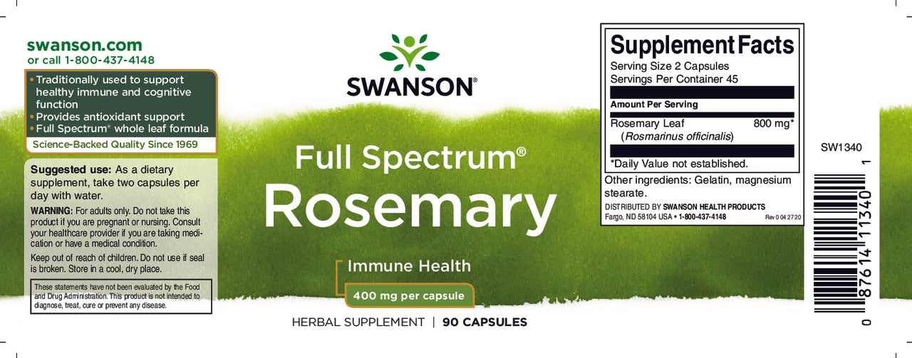 Une étiquette pour Swanson Romarin - 400 mg 90 gélules, un antioxydant pour lutter contre les radicaux libres.