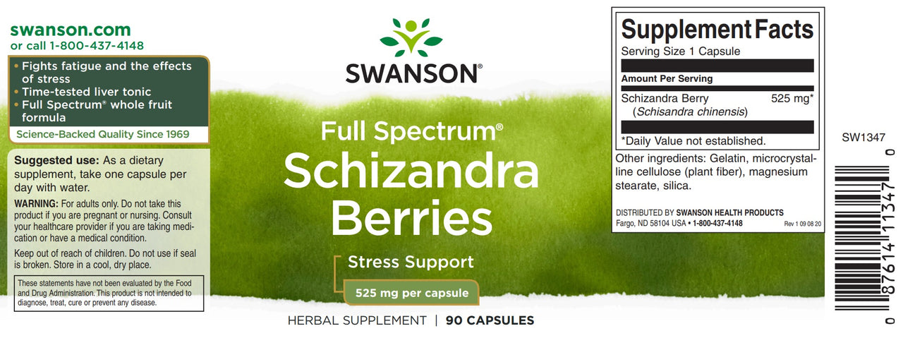 Swanson Baies de Schizandra - 525 mg 90 gélules, un adaptogène puissant et un tonique hépatique.
